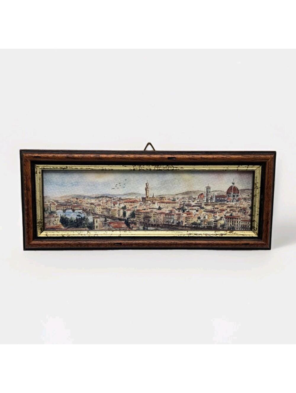 Vtg Small Florence Italy Panoramic Watercolor Art Framed Duomo Ponte Vecchio